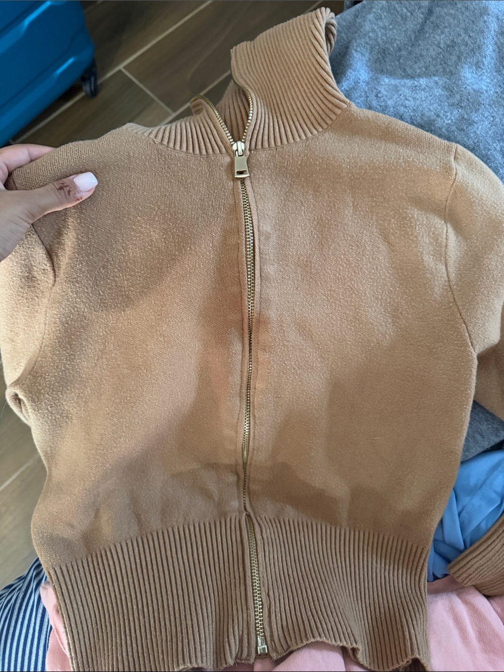 Zara Camel Zip-Up Ribbed Collar Sweater